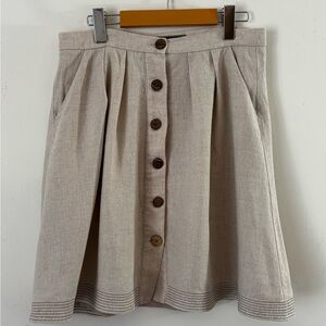 Le Chateau Midi Linen Neutral Beige Button-Front A-Line Skirt Cottage core Sz7/8